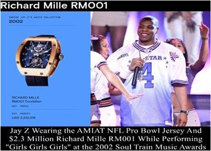 Jay-Z wearing an AMIAT NFL Pro Bowl jersey alongside a Richard Mille RM001 watch